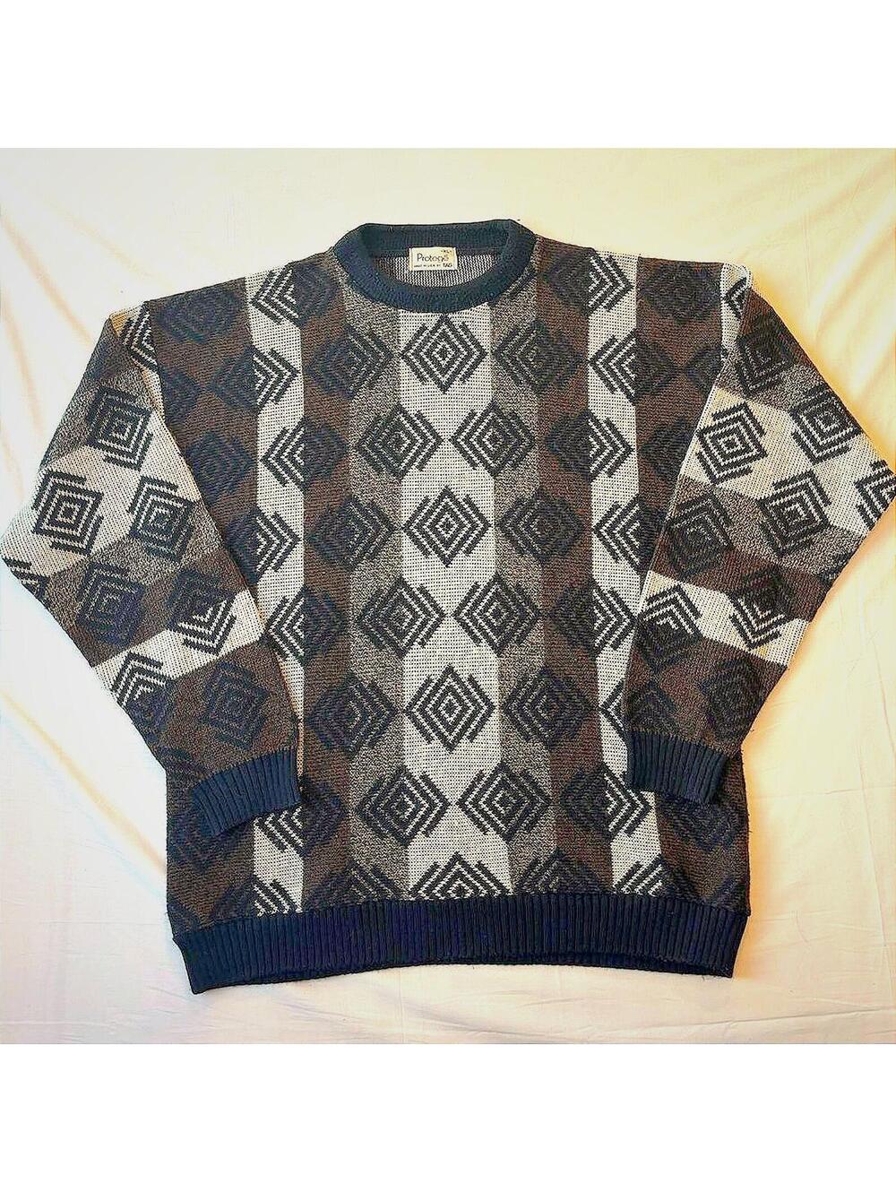 Vintage 80s Geometric Diamond Knit Sweater XL Protege Made in USA Abstract